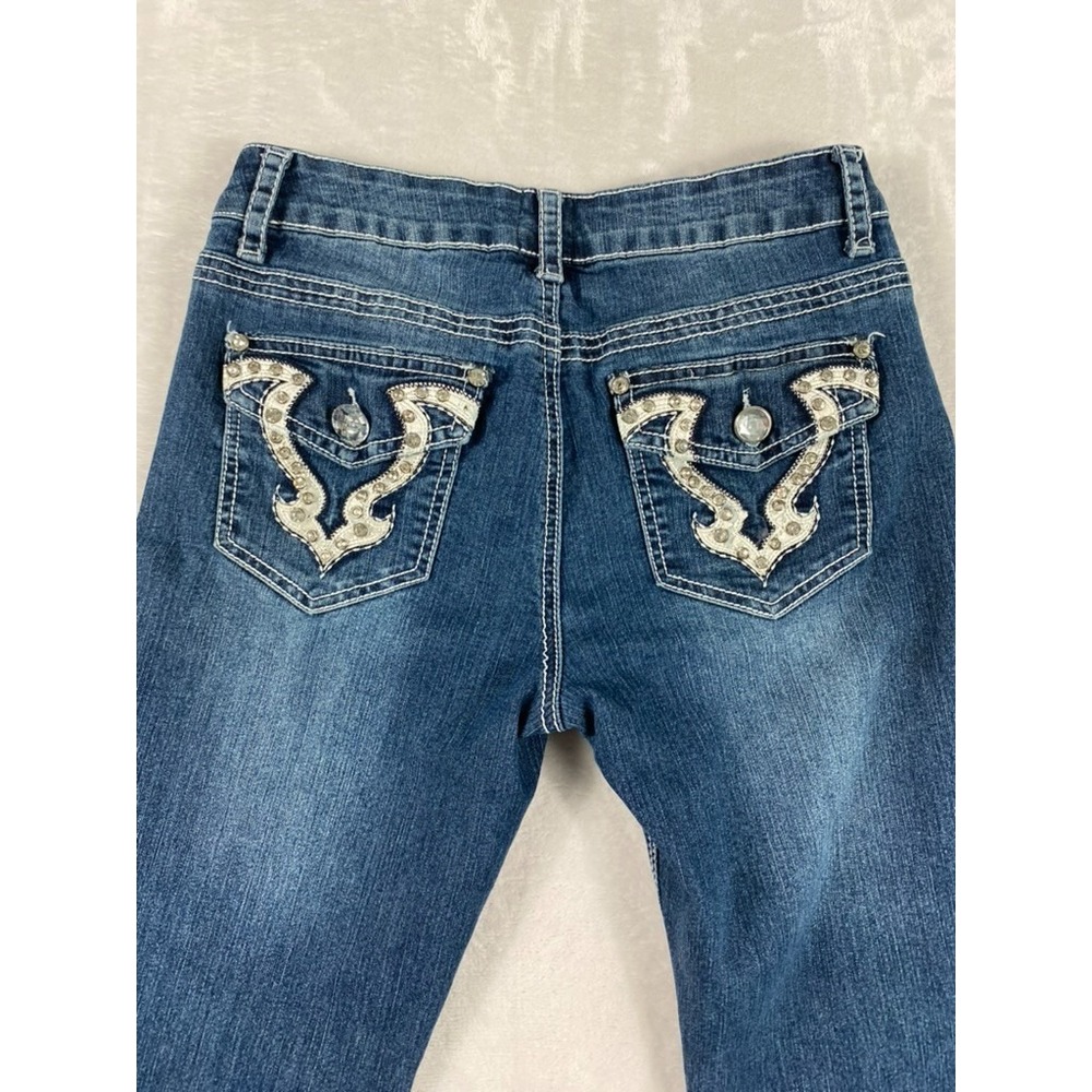 2B Bebe Jeans Women Sz 29 White Stitching Studded Pockets Y2K Bootcut Low Rise